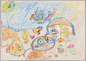 Georgine HU 11 juillet 1977 (Sans titre)  Dessin 29,6 x 42 cm  Crayon de couleur sur papier, inv. 2015.5.49 Photo : Nicolas Dewitte / LaM Lille métropole musée d’art moderne, d’art contemporain et d’art brut LaM Villeneuve d’Ascq, Don de M. Ternoy (2015) T.d.r.